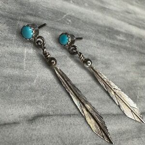 Sterling Silver Turquoise Feather Dangle Earrings Southwestern Post 1.89g